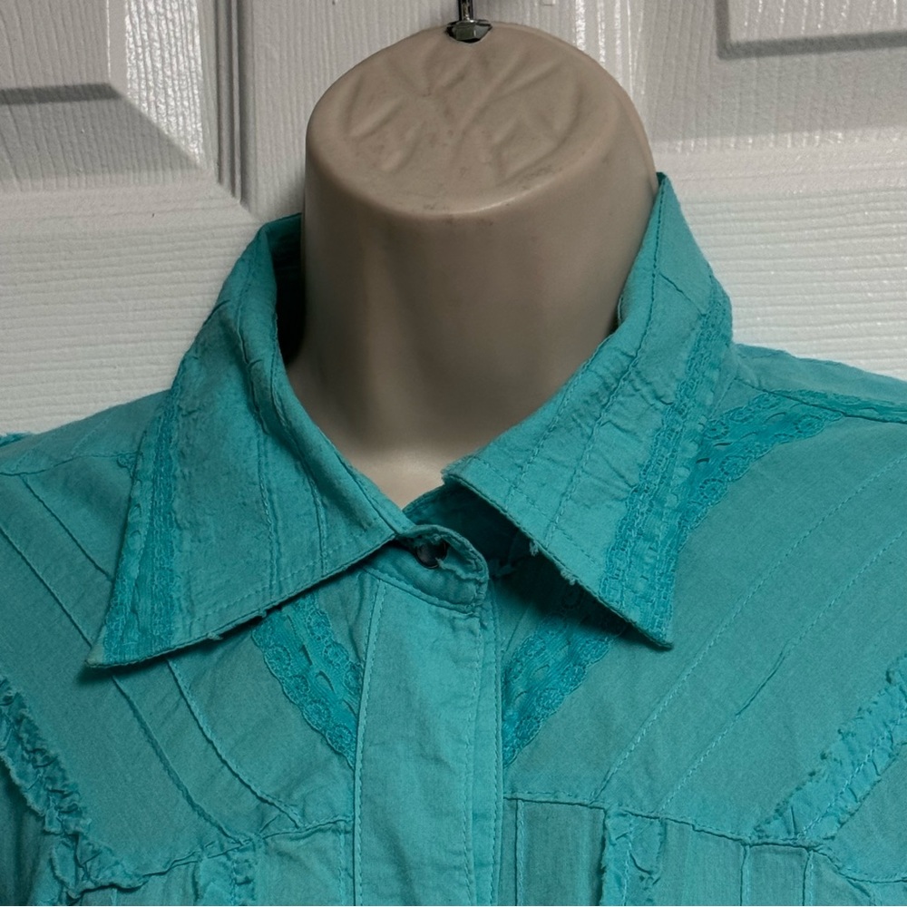 Scully Western Blouse Size L Blue Turquoise Lace Stripe Ruffled Long Sleeve - Picture 5 of 13